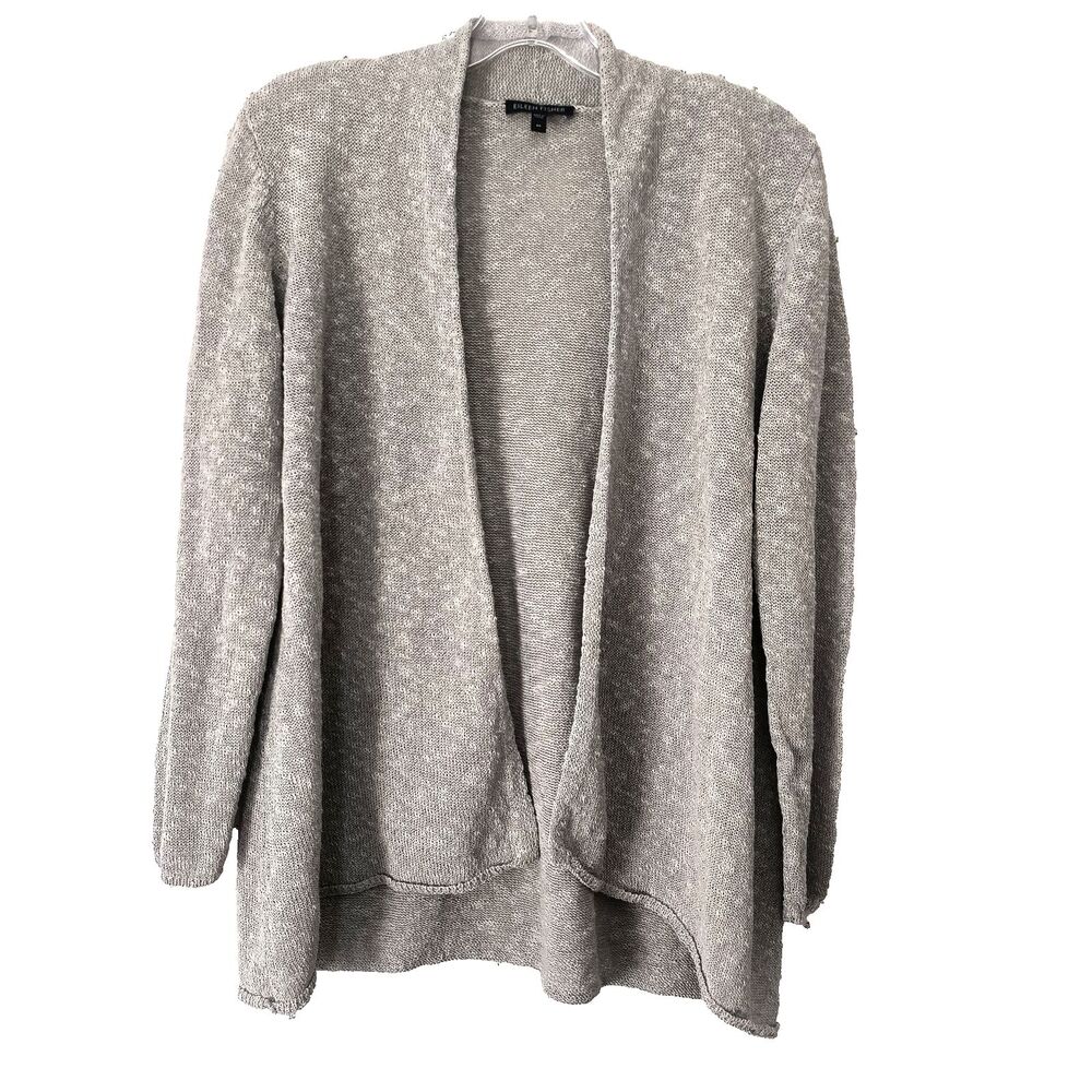 Eileen Fisher Linen Cardigan Womens M Gray Open Front Minimal Staple Lagenlook